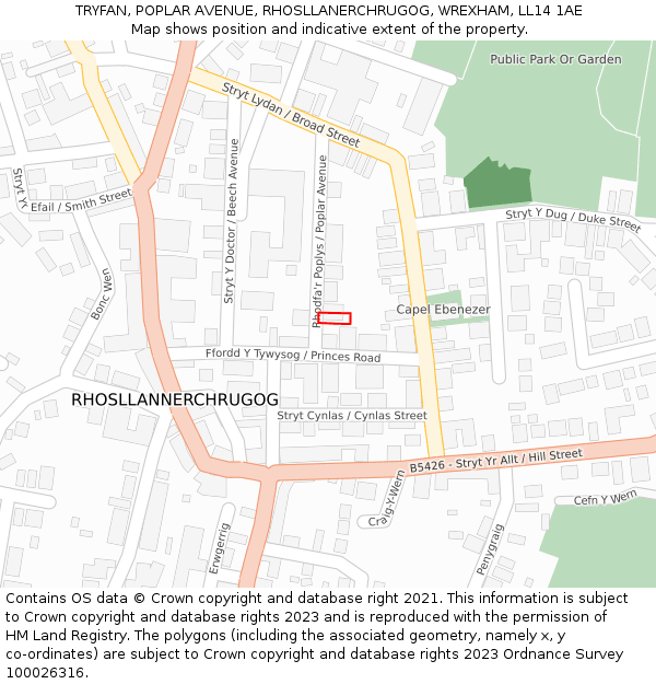 TRYFAN, POPLAR AVENUE, RHOSLLANERCHRUGOG, WREXHAM, LL14 1AE: Location map and indicative extent of plot