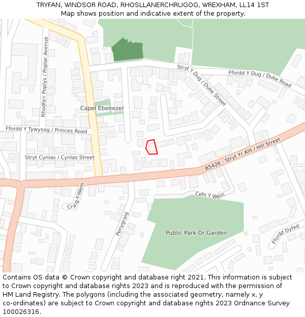 TRYFAN, WINDSOR ROAD, RHOSLLANERCHRUGOG, WREXHAM, LL14 1ST: Location map and indicative extent of plot