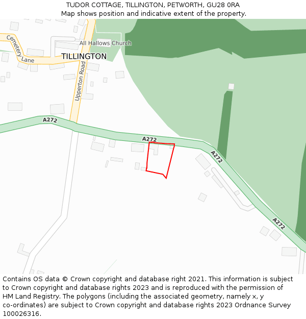 TUDOR COTTAGE, TILLINGTON, PETWORTH, GU28 0RA: Location map and indicative extent of plot