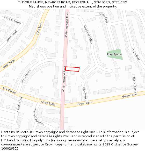 TUDOR GRANGE, NEWPORT ROAD, ECCLESHALL, STAFFORD, ST21 6BG: Location map and indicative extent of plot