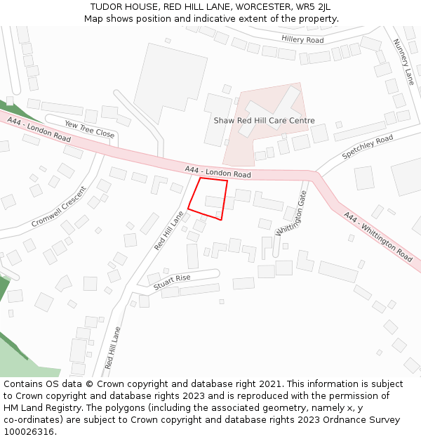 TUDOR HOUSE, RED HILL LANE, WORCESTER, WR5 2JL: Location map and indicative extent of plot