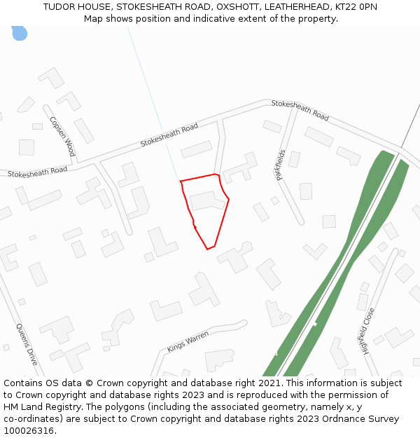 TUDOR HOUSE, STOKESHEATH ROAD, OXSHOTT, LEATHERHEAD, KT22 0PN: Location map and indicative extent of plot