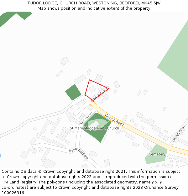 TUDOR LODGE, CHURCH ROAD, WESTONING, BEDFORD, MK45 5JW: Location map and indicative extent of plot