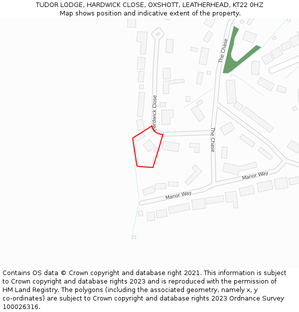 TUDOR LODGE, HARDWICK CLOSE, OXSHOTT, LEATHERHEAD, KT22 0HZ: Location map and indicative extent of plot