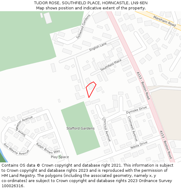 TUDOR ROSE, SOUTHFIELD PLACE, HORNCASTLE, LN9 6EN: Location map and indicative extent of plot