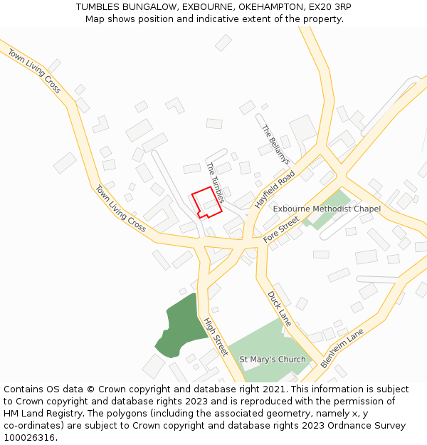 TUMBLES BUNGALOW, EXBOURNE, OKEHAMPTON, EX20 3RP: Location map and indicative extent of plot