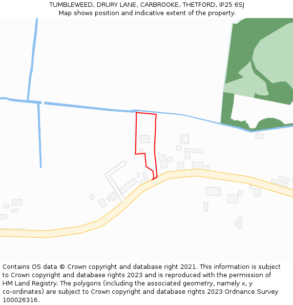 TUMBLEWEED, DRURY LANE, CARBROOKE, THETFORD, IP25 6SJ: Location map and indicative extent of plot