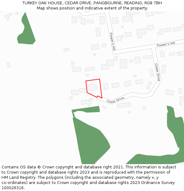 TURKEY OAK HOUSE, CEDAR DRIVE, PANGBOURNE, READING, RG8 7BH: Location map and indicative extent of plot