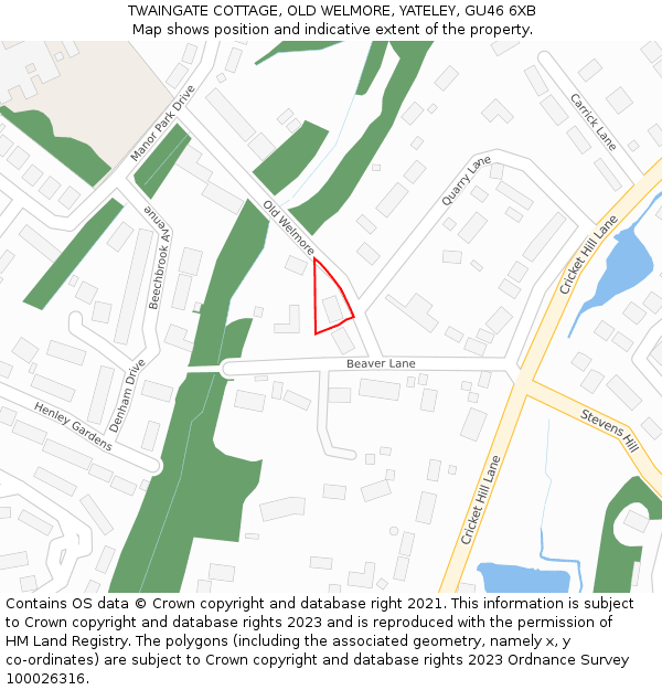 TWAINGATE COTTAGE, OLD WELMORE, YATELEY, GU46 6XB: Location map and indicative extent of plot