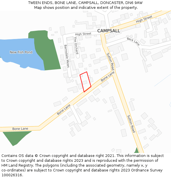 TWEEN ENDS, BONE LANE, CAMPSALL, DONCASTER, DN6 9AW: Location map and indicative extent of plot