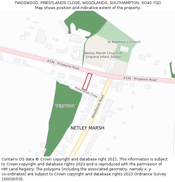 TWIGSWOOD, PRIESTLANDS CLOSE, WOODLANDS, SOUTHAMPTON, SO40 7GD: Location map and indicative extent of plot