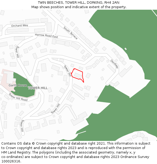 TWIN BEECHES, TOWER HILL, DORKING, RH4 2AN: Location map and indicative extent of plot