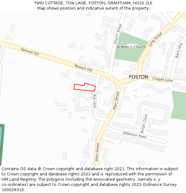 TWIN COTTAGE, TOW LANE, FOSTON, GRANTHAM, NG32 2LE: Location map and indicative extent of plot