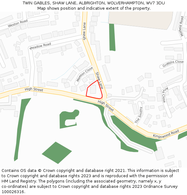 TWIN GABLES, SHAW LANE, ALBRIGHTON, WOLVERHAMPTON, WV7 3DU: Location map and indicative extent of plot