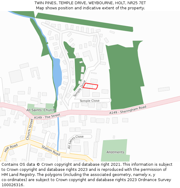 TWIN PINES, TEMPLE DRIVE, WEYBOURNE, HOLT, NR25 7ET: Location map and indicative extent of plot