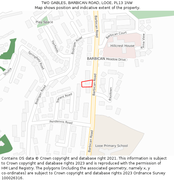 TWO GABLES, BARBICAN ROAD, LOOE, PL13 1NW: Location map and indicative extent of plot