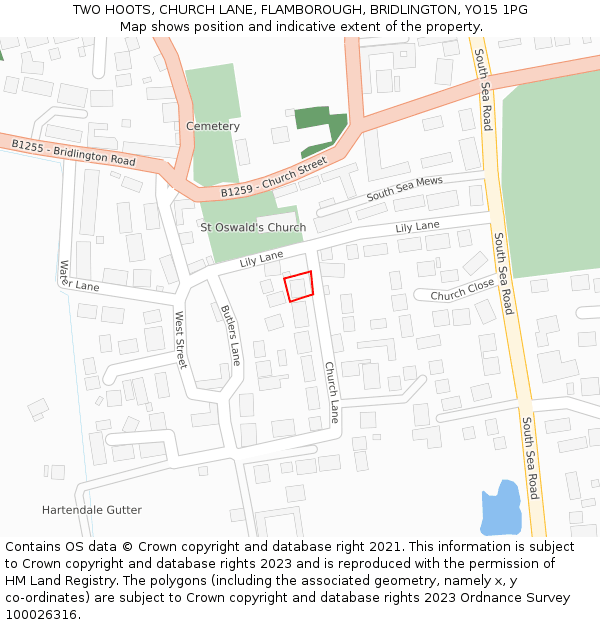 TWO HOOTS, CHURCH LANE, FLAMBOROUGH, BRIDLINGTON, YO15 1PG: Location map and indicative extent of plot