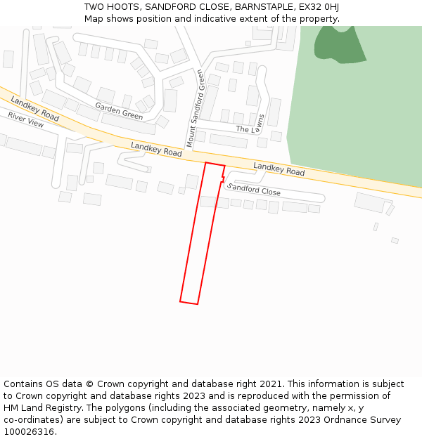 TWO HOOTS, SANDFORD CLOSE, BARNSTAPLE, EX32 0HJ: Location map and indicative extent of plot