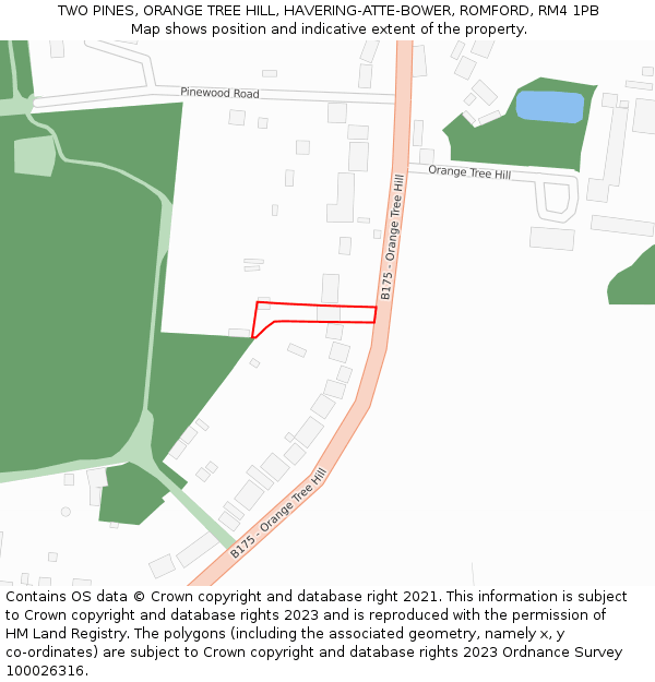 TWO PINES, ORANGE TREE HILL, HAVERING-ATTE-BOWER, ROMFORD, RM4 1PB: Location map and indicative extent of plot