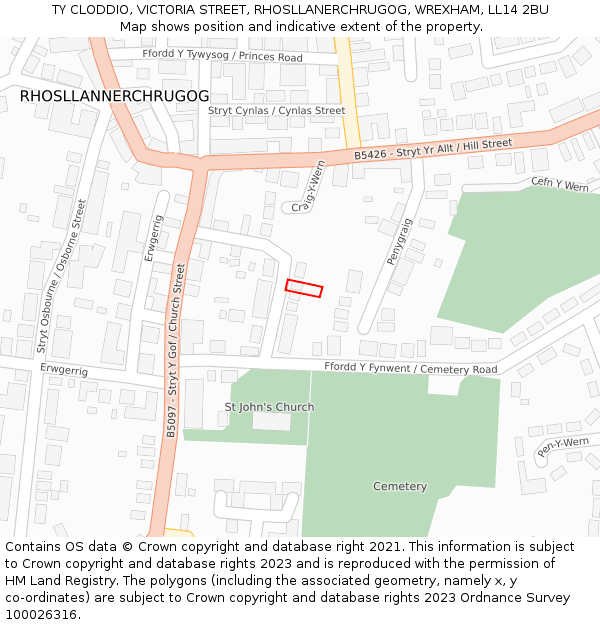 TY CLODDIO, VICTORIA STREET, RHOSLLANERCHRUGOG, WREXHAM, LL14 2BU: Location map and indicative extent of plot