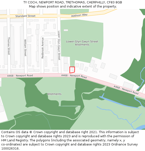 TY COCH, NEWPORT ROAD, TRETHOMAS, CAERPHILLY, CF83 8GB: Location map and indicative extent of plot