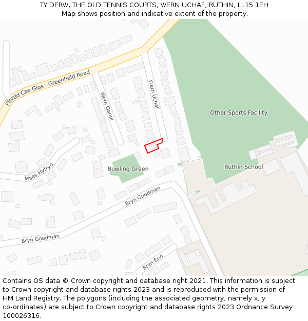 TY DERW, THE OLD TENNIS COURTS, WERN UCHAF, RUTHIN, LL15 1EH: Location map and indicative extent of plot