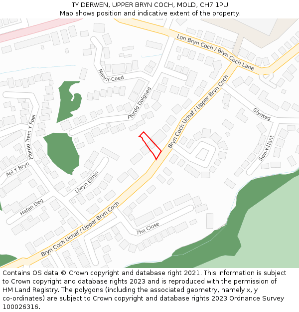 TY DERWEN, UPPER BRYN COCH, MOLD, CH7 1PU: Location map and indicative extent of plot