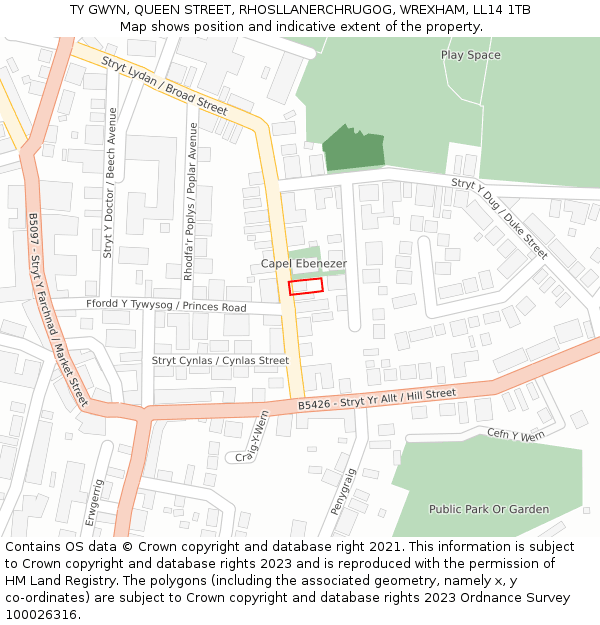 TY GWYN, QUEEN STREET, RHOSLLANERCHRUGOG, WREXHAM, LL14 1TB: Location map and indicative extent of plot