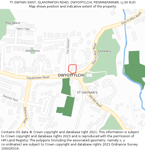 TY GWYNIN SANT, GLANYRAFON ROAD, DWYGYFYLCHI, PENMAENMAWR, LL34 6UD: Location map and indicative extent of plot