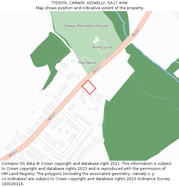 TYDDYN, CARWAY, KIDWELLY, SA17 4HW: Location map and indicative extent of plot