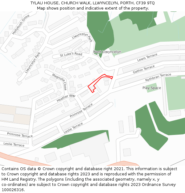 TYLAU HOUSE, CHURCH WALK, LLWYNCELYN, PORTH, CF39 9TQ: Location map and indicative extent of plot