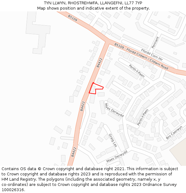 TYN LLWYN, RHOSTREHWFA, LLANGEFNI, LL77 7YP: Location map and indicative extent of plot