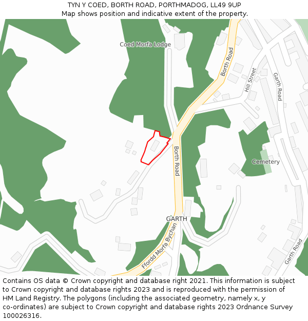 TYN Y COED, BORTH ROAD, PORTHMADOG, LL49 9UP: Location map and indicative extent of plot