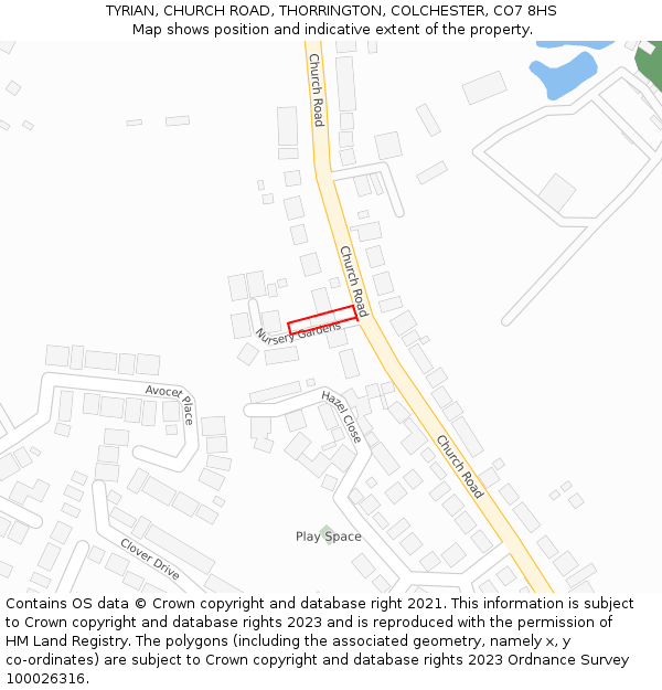 TYRIAN, CHURCH ROAD, THORRINGTON, COLCHESTER, CO7 8HS: Location map and indicative extent of plot