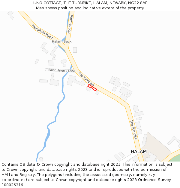 UNO COTTAGE, THE TURNPIKE, HALAM, NEWARK, NG22 8AE: Location map and indicative extent of plot