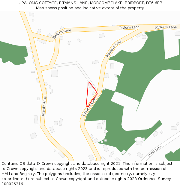 UPALONG COTTAGE, PITMANS LANE, MORCOMBELAKE, BRIDPORT, DT6 6EB: Location map and indicative extent of plot