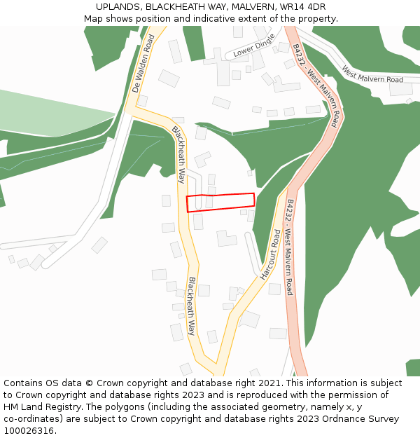 UPLANDS, BLACKHEATH WAY, MALVERN, WR14 4DR: Location map and indicative extent of plot