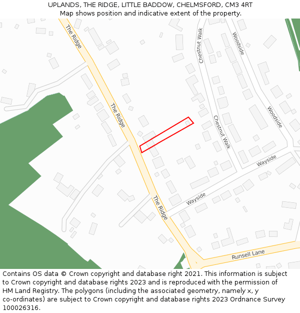 UPLANDS, THE RIDGE, LITTLE BADDOW, CHELMSFORD, CM3 4RT: Location map and indicative extent of plot