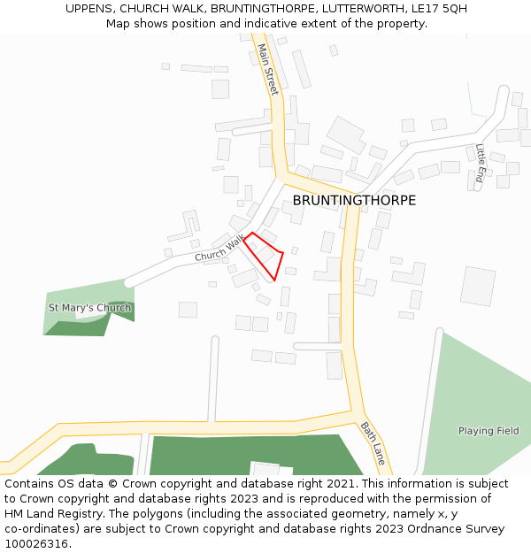 UPPENS, CHURCH WALK, BRUNTINGTHORPE, LUTTERWORTH, LE17 5QH: Location map and indicative extent of plot