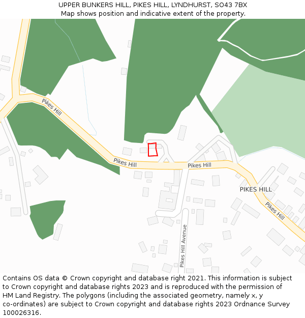 UPPER BUNKERS HILL, PIKES HILL, LYNDHURST, SO43 7BX: Location map and indicative extent of plot