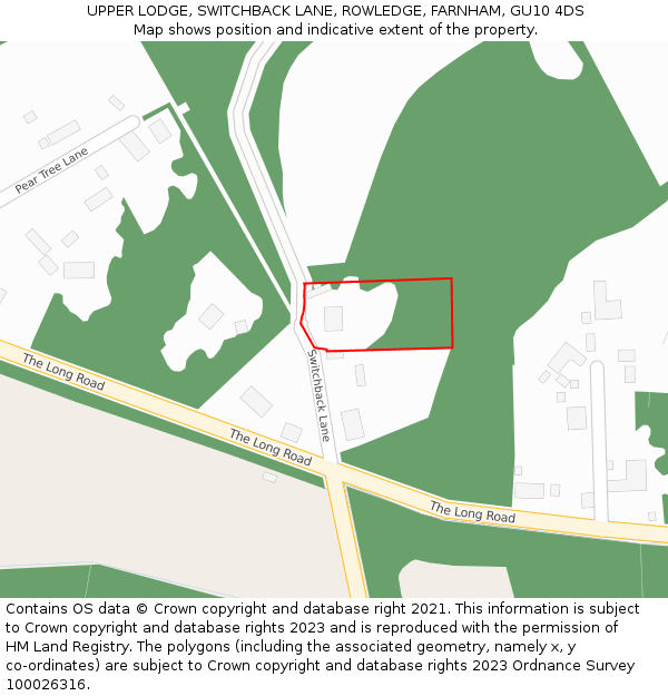 UPPER LODGE, SWITCHBACK LANE, ROWLEDGE, FARNHAM, GU10 4DS: Location map and indicative extent of plot