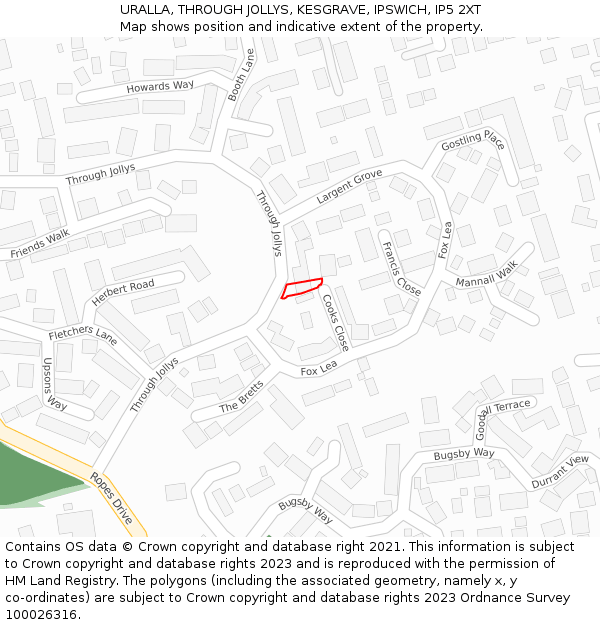 URALLA, THROUGH JOLLYS, KESGRAVE, IPSWICH, IP5 2XT: Location map and indicative extent of plot