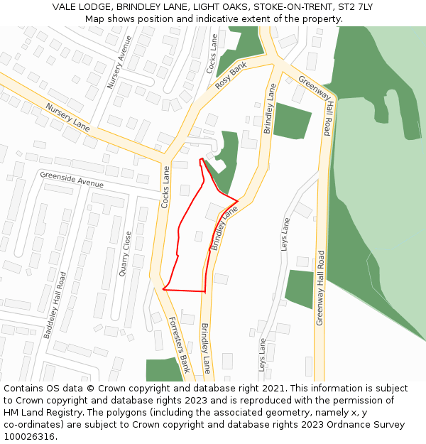 VALE LODGE, BRINDLEY LANE, LIGHT OAKS, STOKE-ON-TRENT, ST2 7LY: Location map and indicative extent of plot