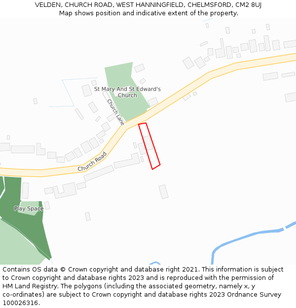 VELDEN, CHURCH ROAD, WEST HANNINGFIELD, CHELMSFORD, CM2 8UJ: Location map and indicative extent of plot