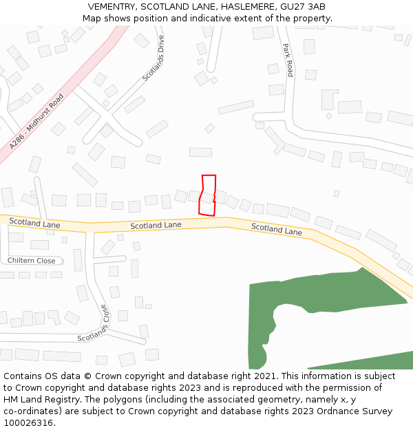 VEMENTRY, SCOTLAND LANE, HASLEMERE, GU27 3AB: Location map and indicative extent of plot