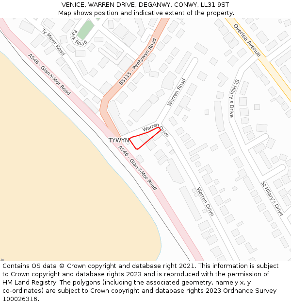 VENICE, WARREN DRIVE, DEGANWY, CONWY, LL31 9ST: Location map and indicative extent of plot