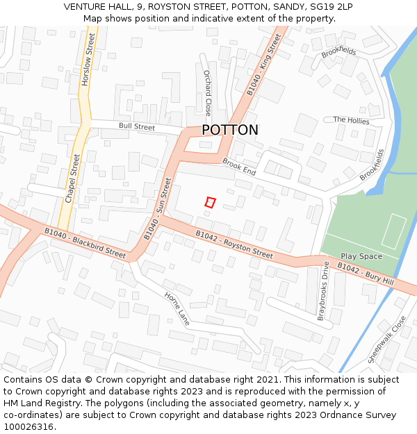 VENTURE HALL, 9, ROYSTON STREET, POTTON, SANDY, SG19 2LP: Location map and indicative extent of plot