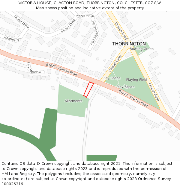 VICTORIA HOUSE, CLACTON ROAD, THORRINGTON, COLCHESTER, CO7 8JW: Location map and indicative extent of plot