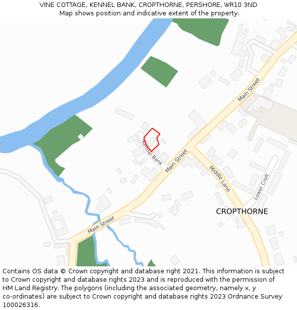 VINE COTTAGE, KENNEL BANK, CROPTHORNE, PERSHORE, WR10 3ND: Location map and indicative extent of plot