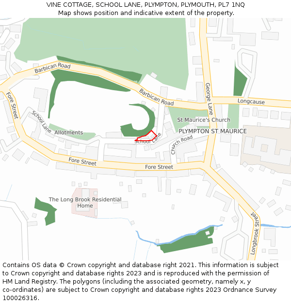 VINE COTTAGE, SCHOOL LANE, PLYMPTON, PLYMOUTH, PL7 1NQ: Location map and indicative extent of plot